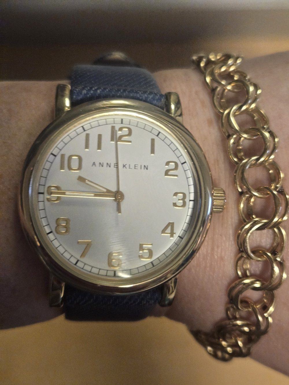 Anne Klein Women's Blue Leather Strap Gold-Tone Watch